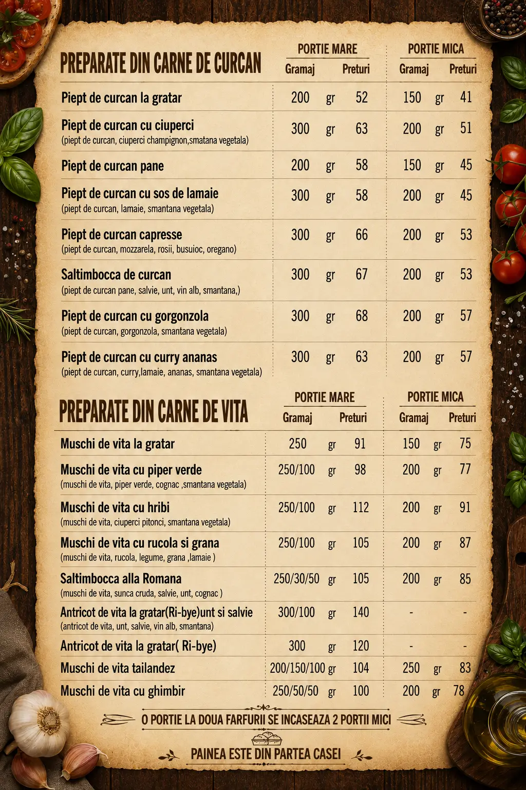 Pagina de meniu: preparate din carne de curcan și vită