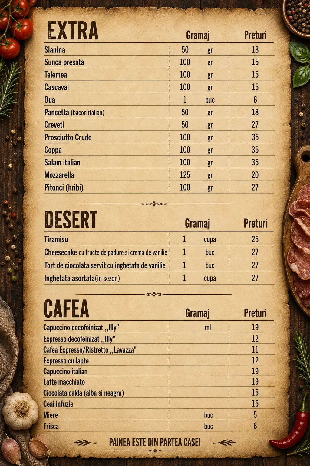 Pagina de meniu: extra, desert și cafea