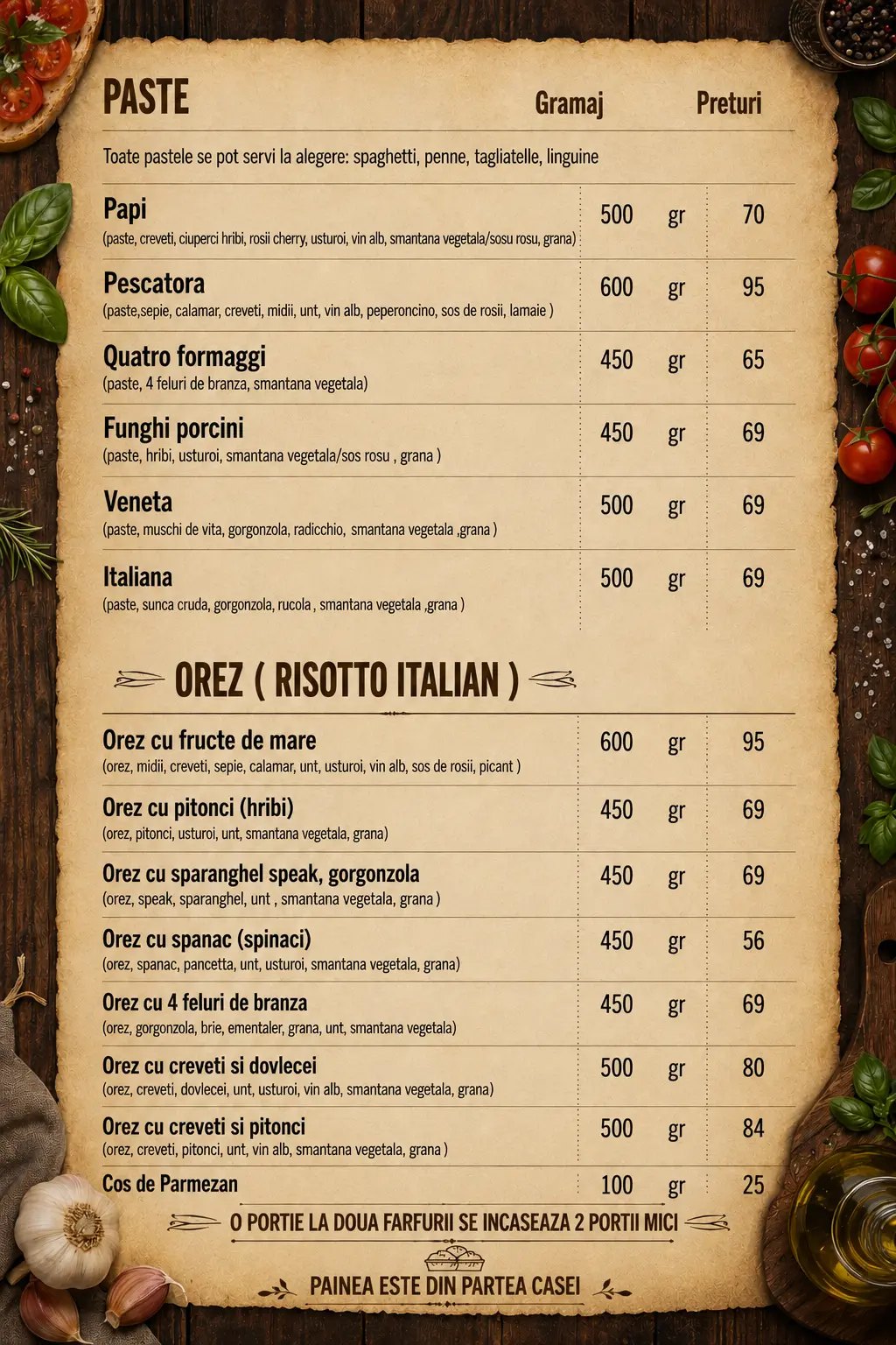 Pagina de meniu: paste și risotto italian