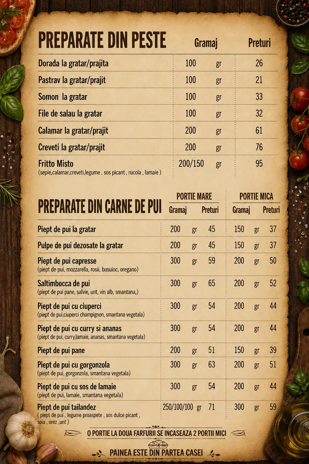 Pagina de meniu: preparate din pește și carne de pui