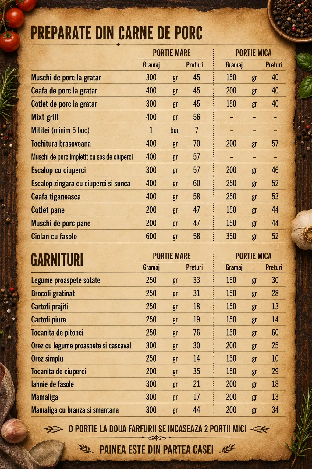 Pagina de meniu: preparate din carne de porc și garnituri