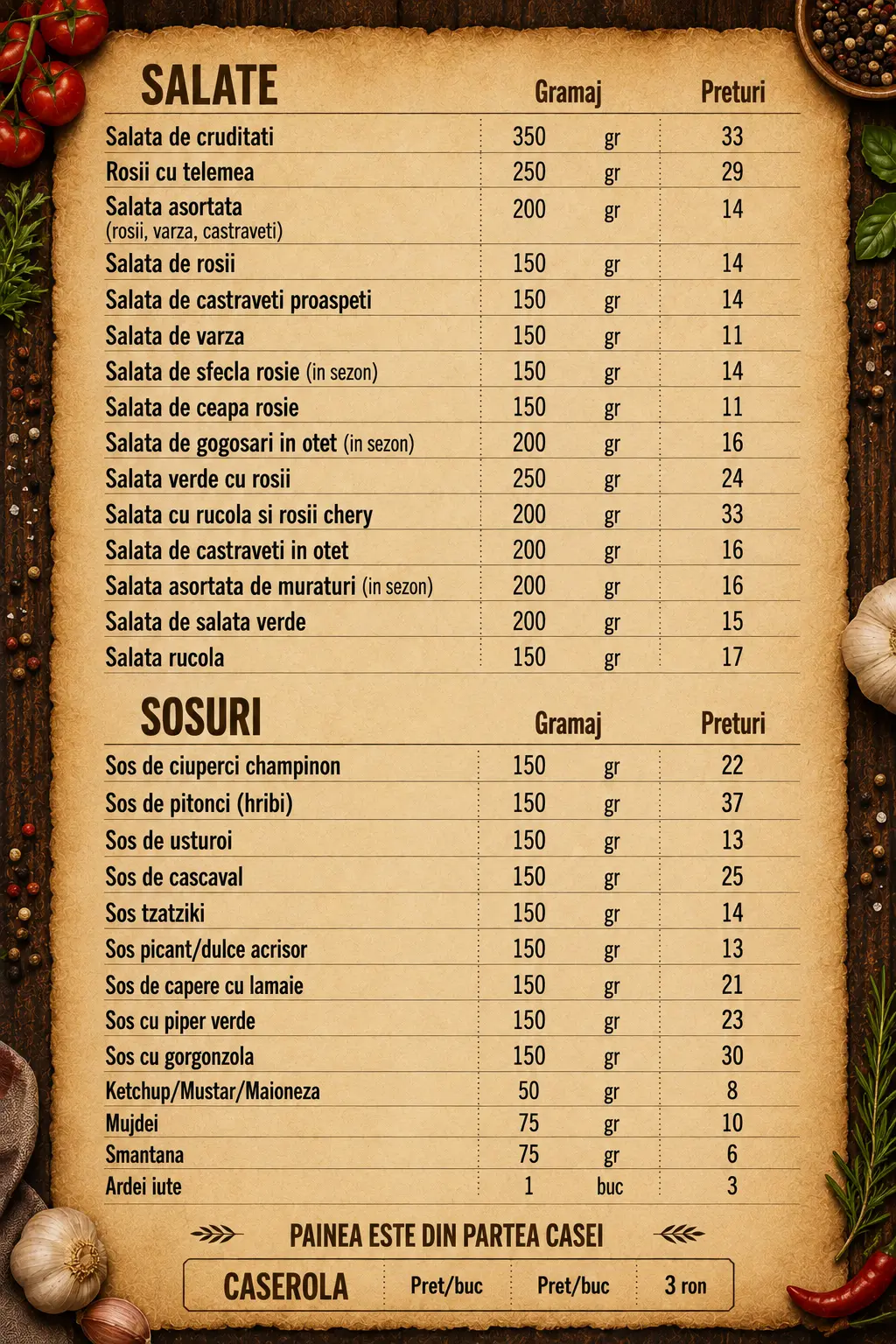 Pagina de meniu: salate și sosuri